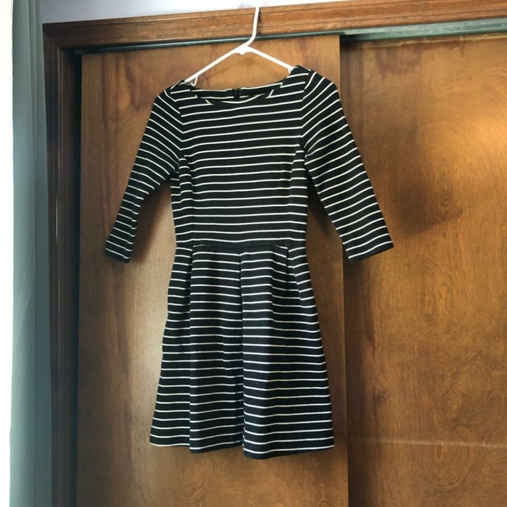 Black and white striped mini fit and flare dress